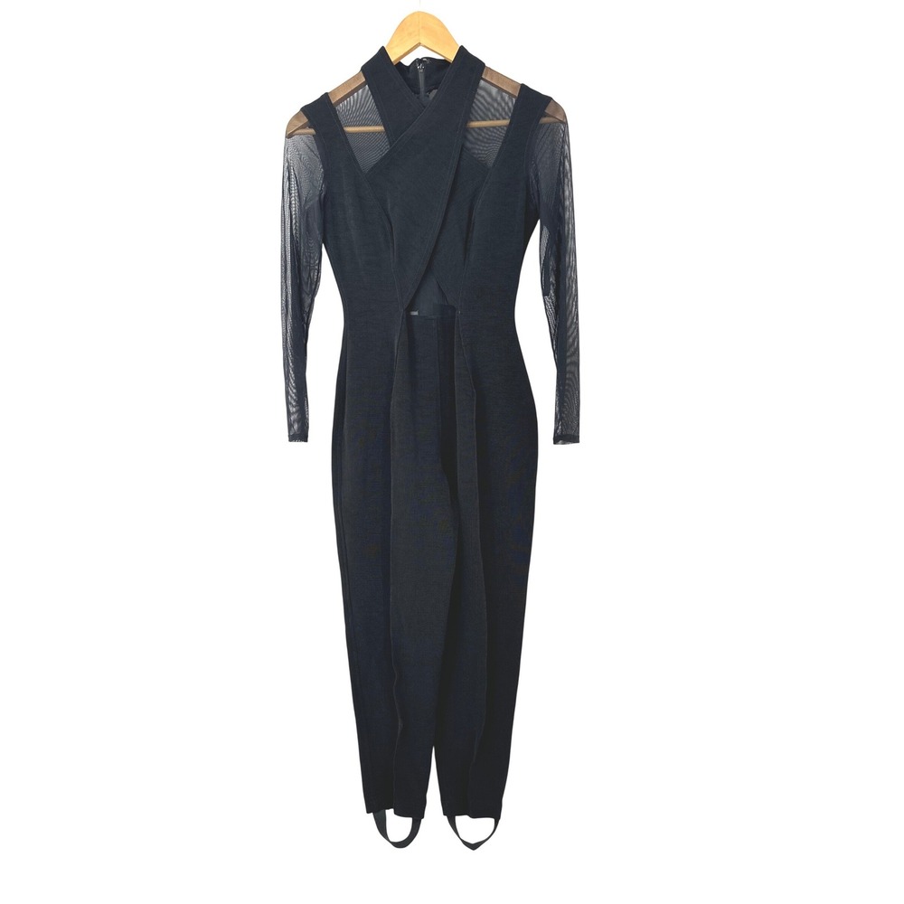 Vintage Tadashi Jumpsuit Women M Black Sheer Mesh Stirrup Leg Evening Party Glam